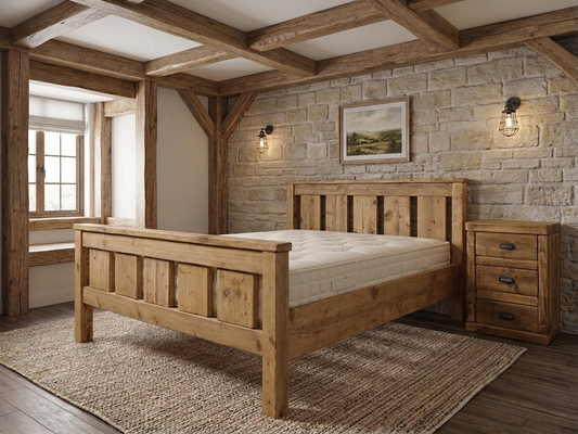 Solid reclaimed pine Windsor bed frame with commanding headboard and low footboard