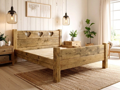 The Heart reclaimed pine bed frame with distinctive heart headboard and footboard