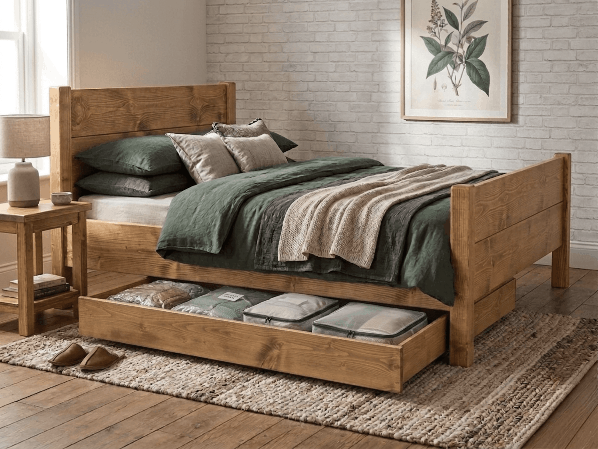 Under-bed storage box with castors in a natural wax finish