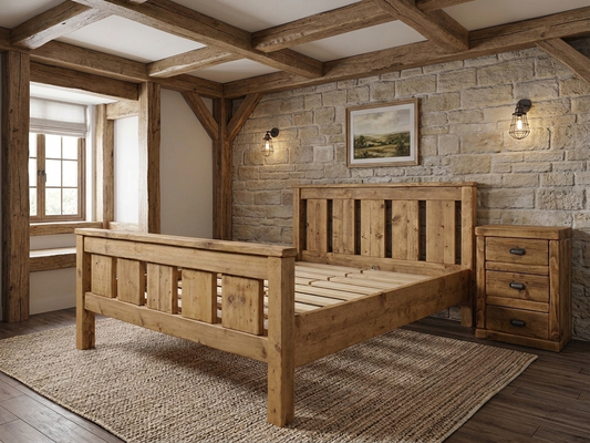 The Windsor chunky solid pine bed frame with headboard and footboard, handmade in the UK