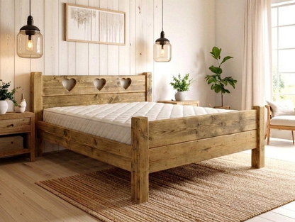 Solid pine Heart bed frame with carved heart detail, handmade in the UK
