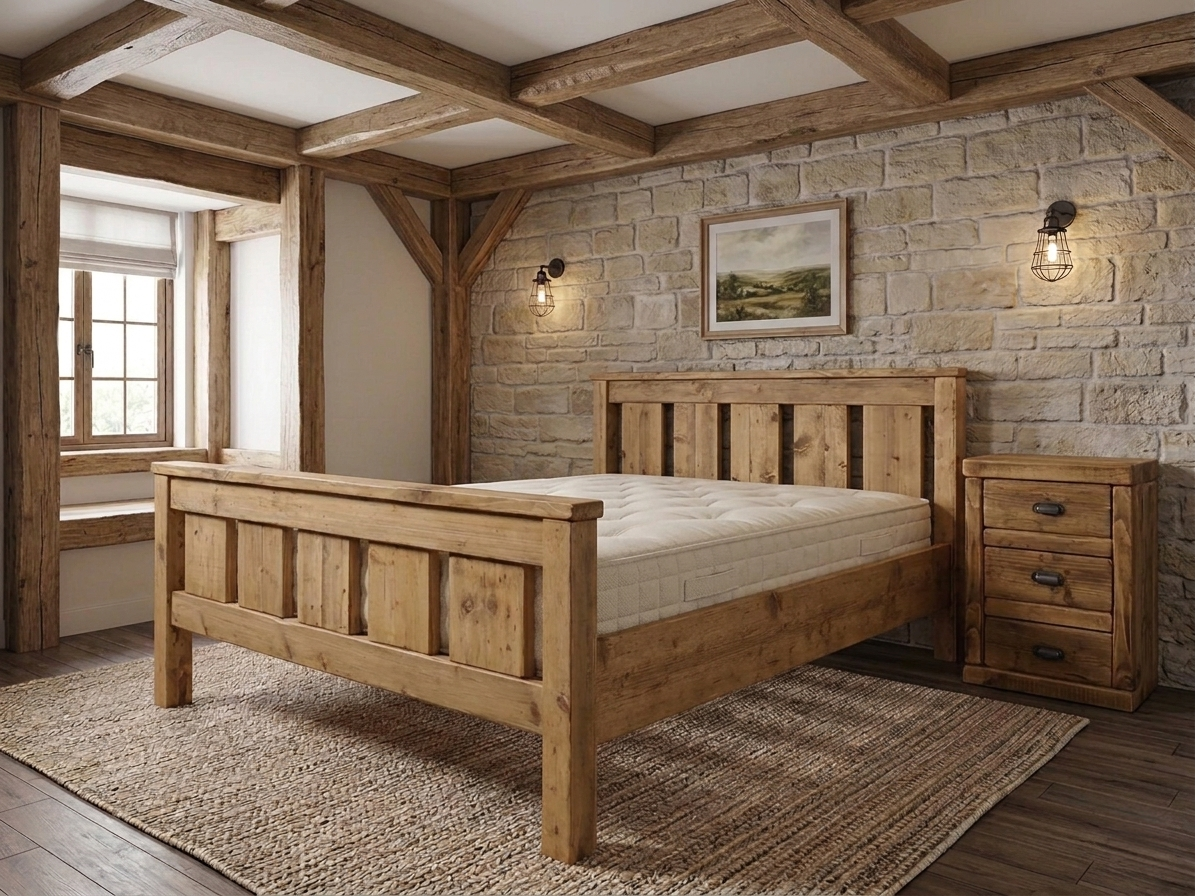 Solid reclaimed pine Windsor bed frame with commanding headboard and low footboard