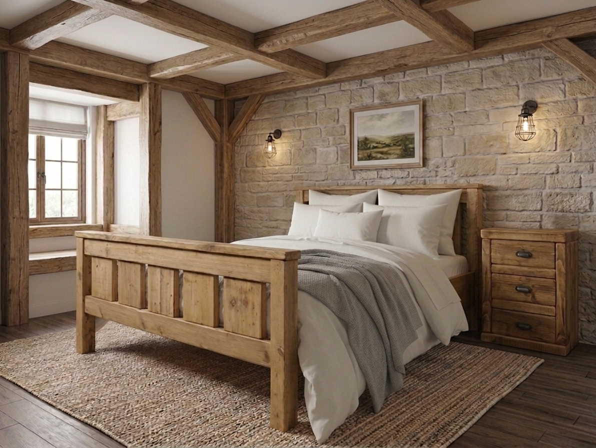 Handcrafted Windsor double bed frame in rustic pine by Farm Furniture