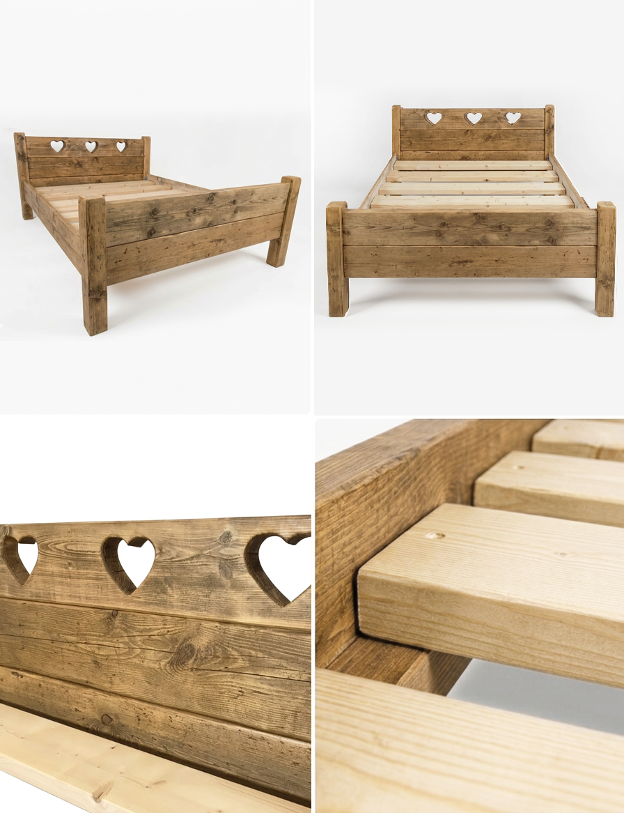 Heart bed frame in reclaimed pine with heart-shaped headboard, made to order