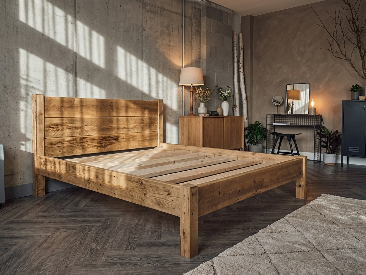 The Suffolk chunky solid reclaimed pine bed frame with tall headboard, handmade in the UK