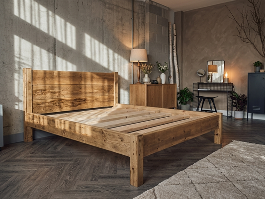 The Suffolk chunky solid reclaimed pine bed frame with tall headboard, handmade in the UK