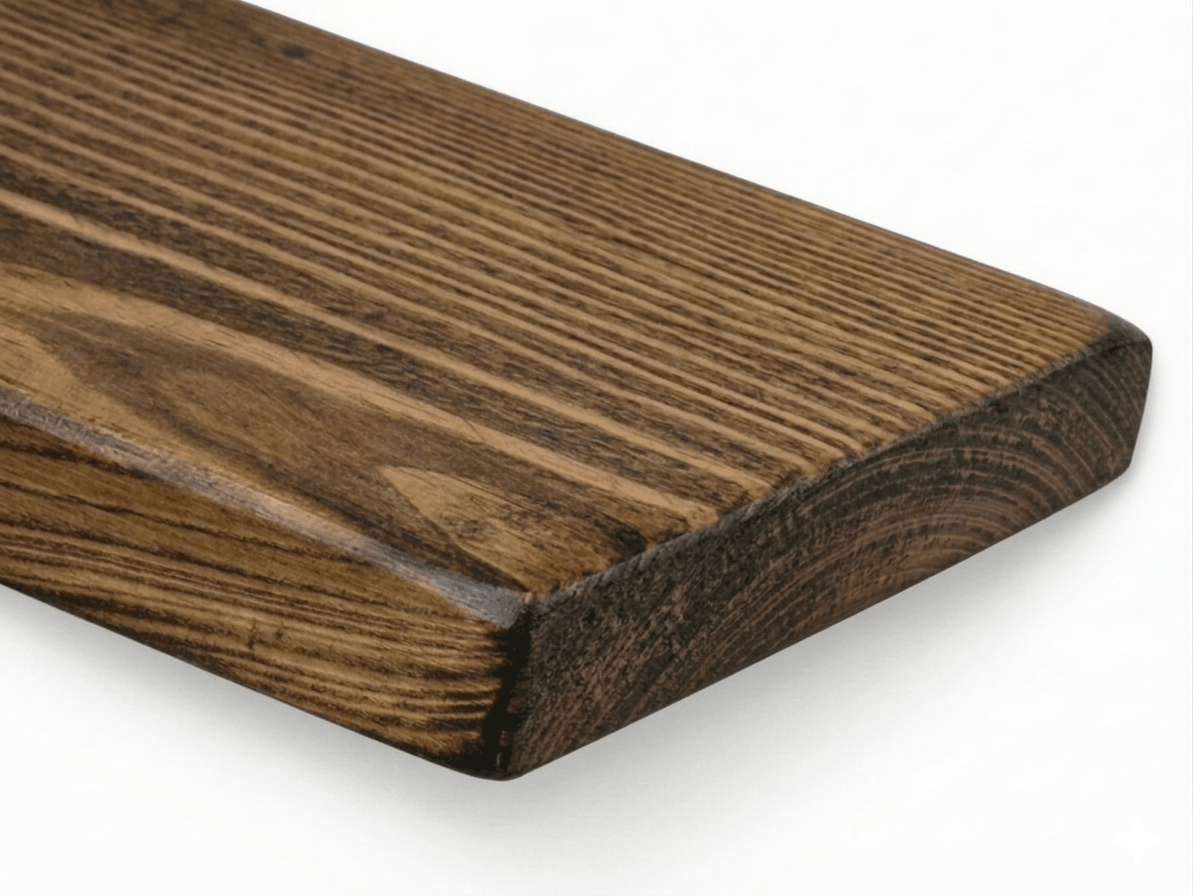 Rustic solid pine live edge shelf styled against a wall
