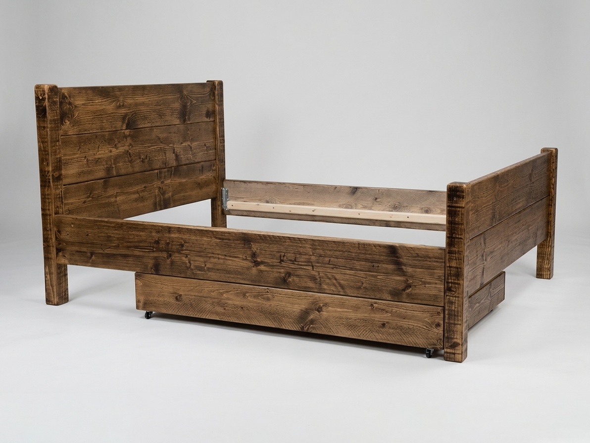 Solid pine under-bed storage box showing grain and joinery