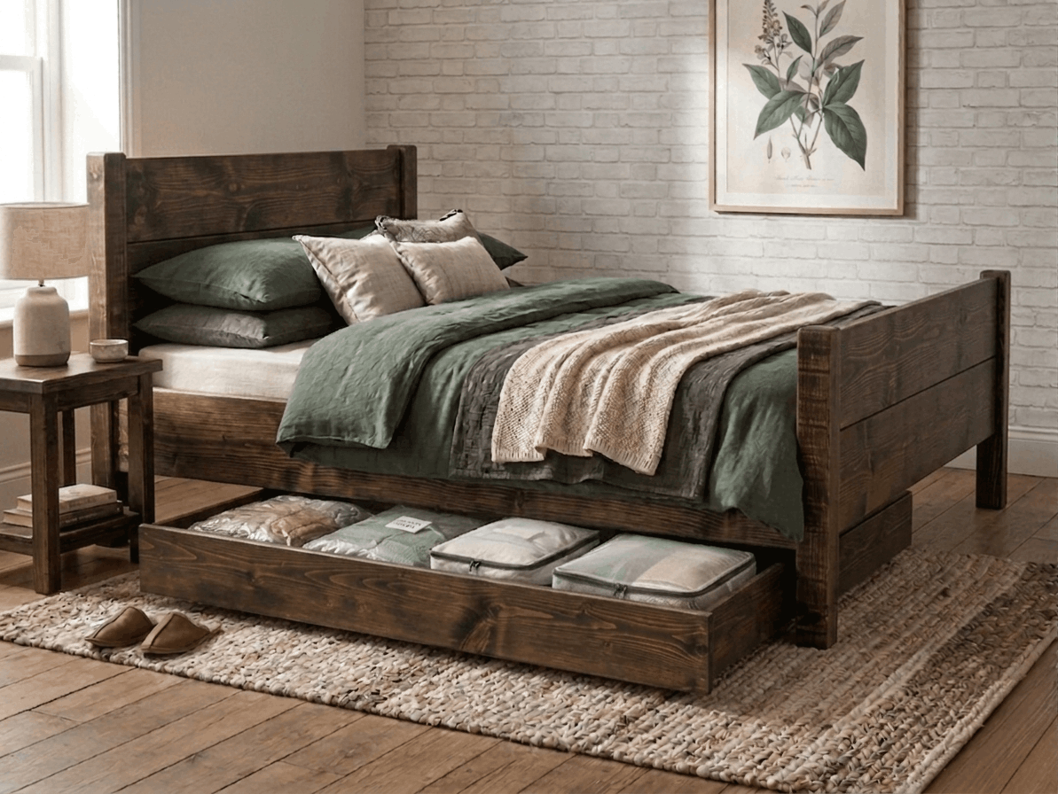 Solid pine under-bed storage box in a dark wax finish