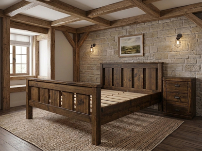 Rustic pine Windsor bed frame showing natural grain and wax finish