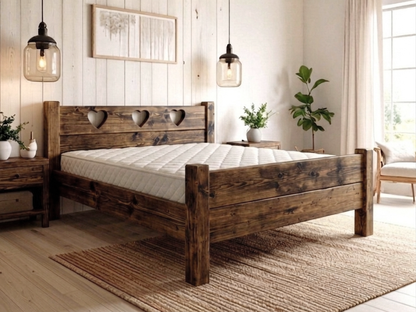 The Heart pine bed frame showing natural grain and character