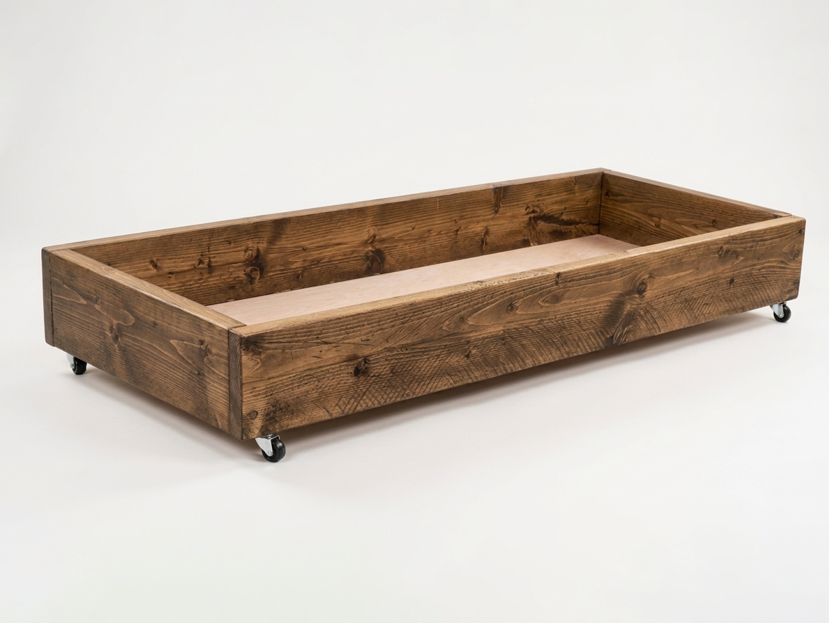 Rolling under-bed storage drawer in 35mm pine, UK made