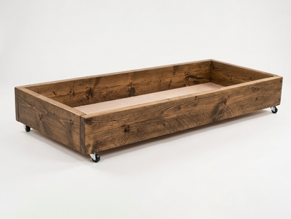 Rolling under-bed storage drawer in 35mm pine, UK made