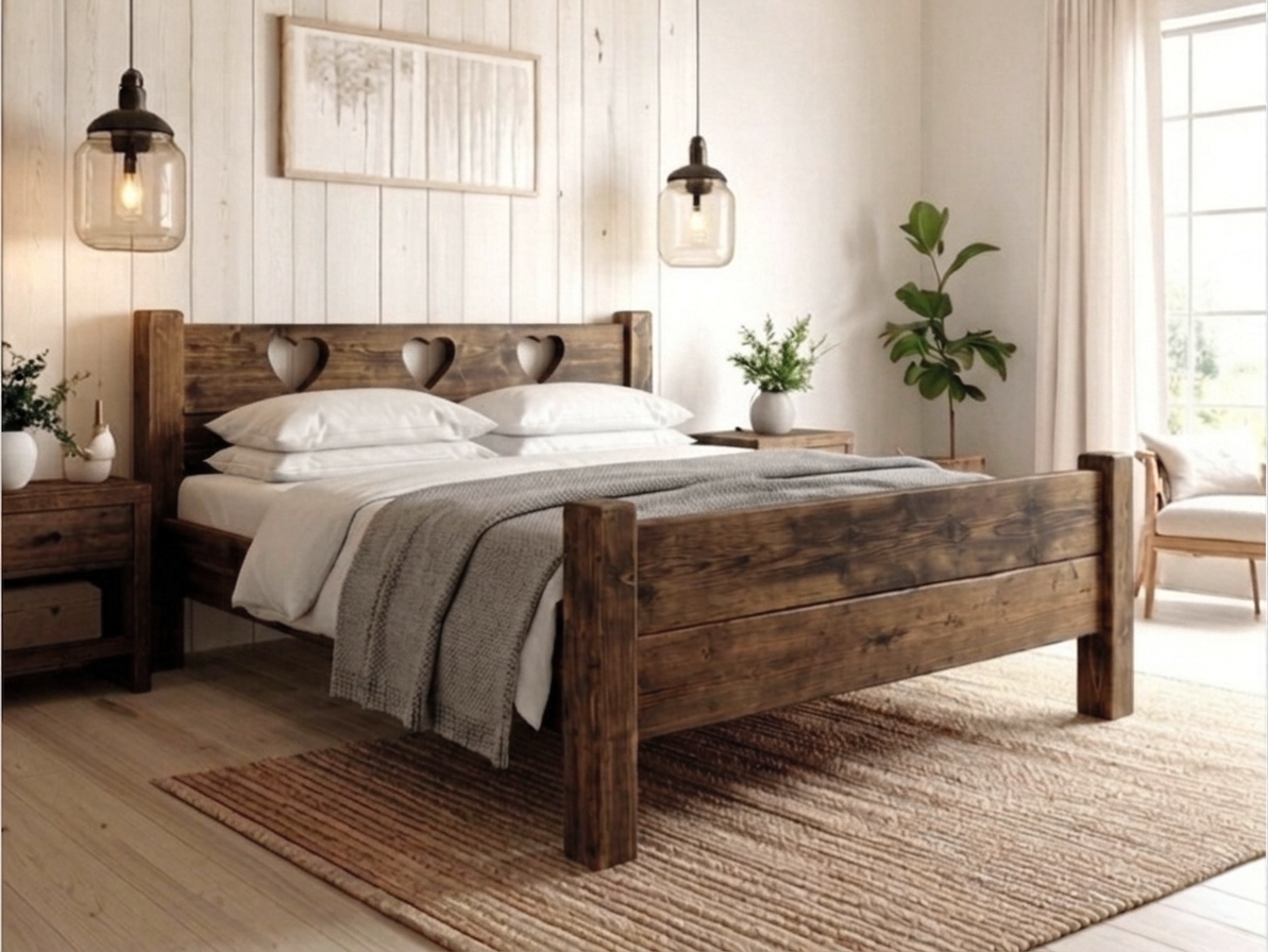 Rustic reclaimed pine Heart bed frame with heart motif, UK made