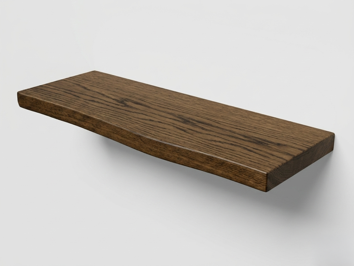 Oak live edge shelf styled against a painted wall