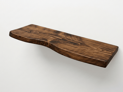 Solid pine live edge shelf in a dark wax finish by Farm Furniture