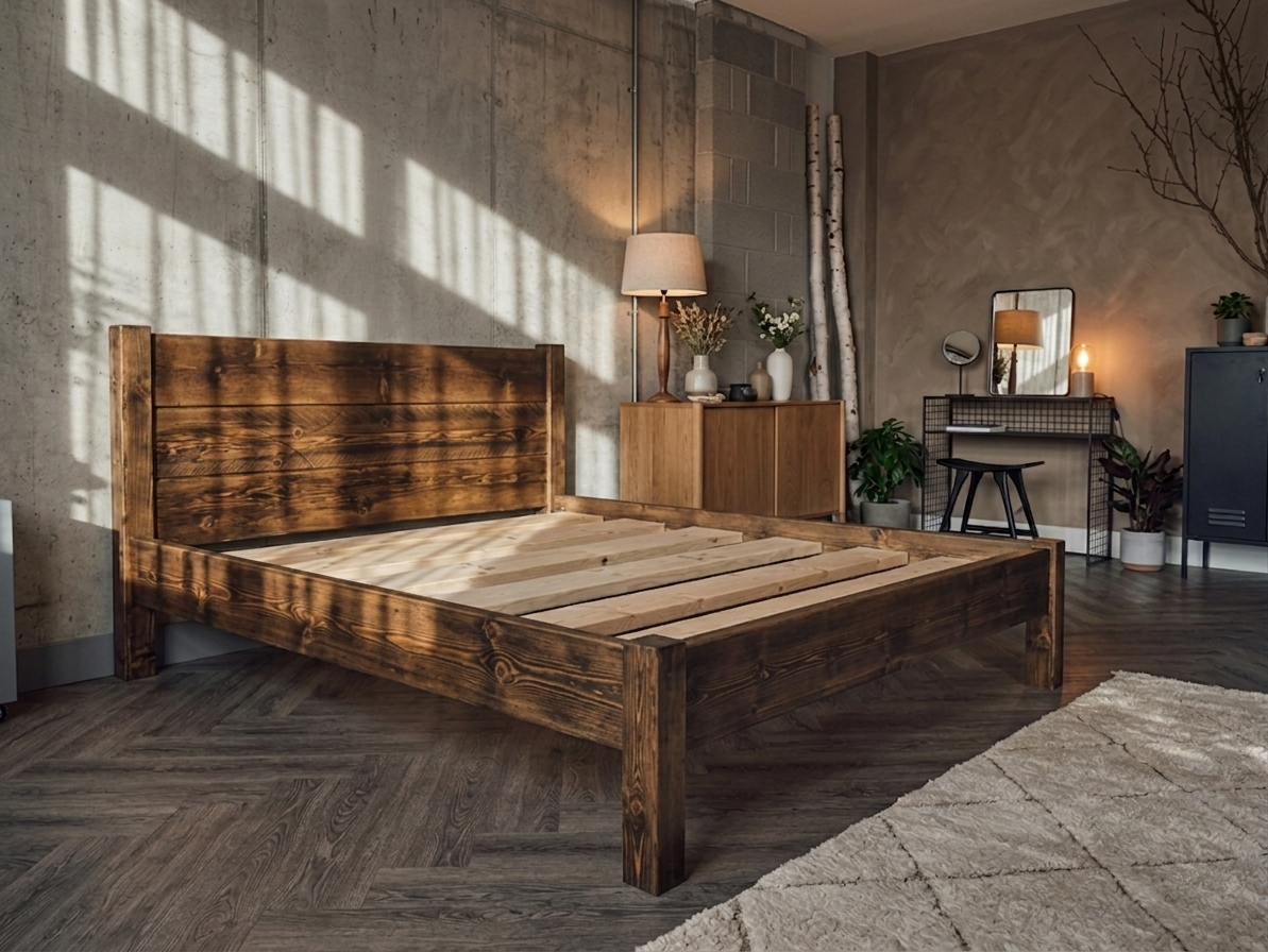 The Suffolk pine bed frame showing natural grain, knots and wax finish